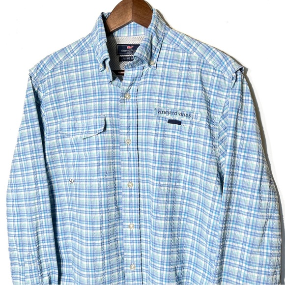 Vineyard Vines Mens Blue Plaid Long Sleeve Utility Buttondown Fishing Shirt - Picture 2 of 8